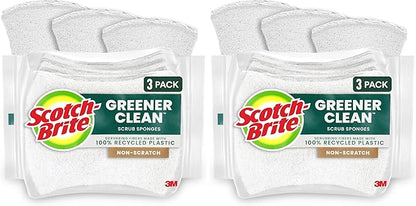 Scotch-Brite Greener Clean Non-Scratch Scrub Sponge, Sponge for Washing Dishes, Cleaning Kitchen, Superior Performance and Made with Sustainable Materials, Dishwasher Safe, 3 Scrub Sponges (Pack of 2)