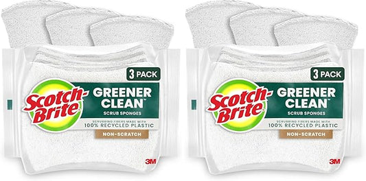 Scotch-Brite Greener Clean Non-Scratch Scrub Sponge, Sponge for Washing Dishes, Cleaning Kitchen, Superior Performance and Made with Sustainable Materials, Dishwasher Safe, 3 Scrub Sponges (Pack of 2)