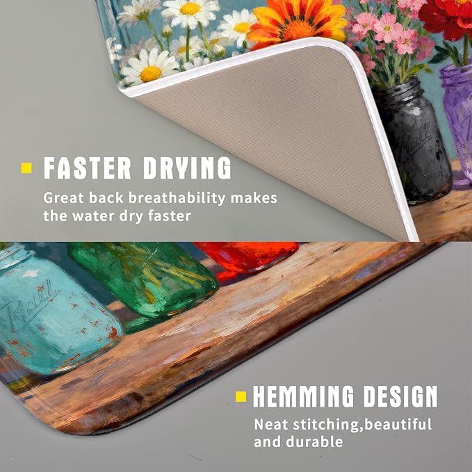 Floral Dish Drying Mat for Kitchen Counter 16x18 Spring Summer Daisy Flower Vases Farmhouse Decorative Small Drying Mats Rustic Vintage Absorbent Reversible Microfiber Dishes Drainer Pad