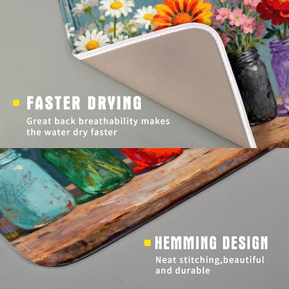 Floral Dish Drying Mat for Kitchen Counter 16x18 Spring Summer Daisy Flower Vases Farmhouse Decorative Small Drying Mats Rustic Vintage Absorbent Reversible Microfiber Dishes Drainer Pad