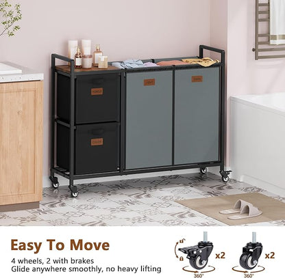 Hoctieon 4 Section Laundry Cart, 48 Gal. (182L) Laundry Hamper with Lid, Laundry Basket with Wheels, Rolling Laundry Sorter Organizer with Shelf, Clothes Separator with Removable Bags, Black+Gray