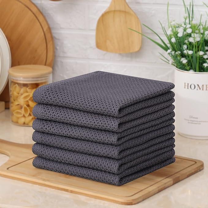 Kitinjoy 100% Cotton Kitchen Dish Cloths (12 X 12 Inches, Dark Grey), 6 Pack Waffle Weave Ultra Soft Absorbent Dish Towels for Drying Dishes Quick Drying Kitchen Towels Dish Rags