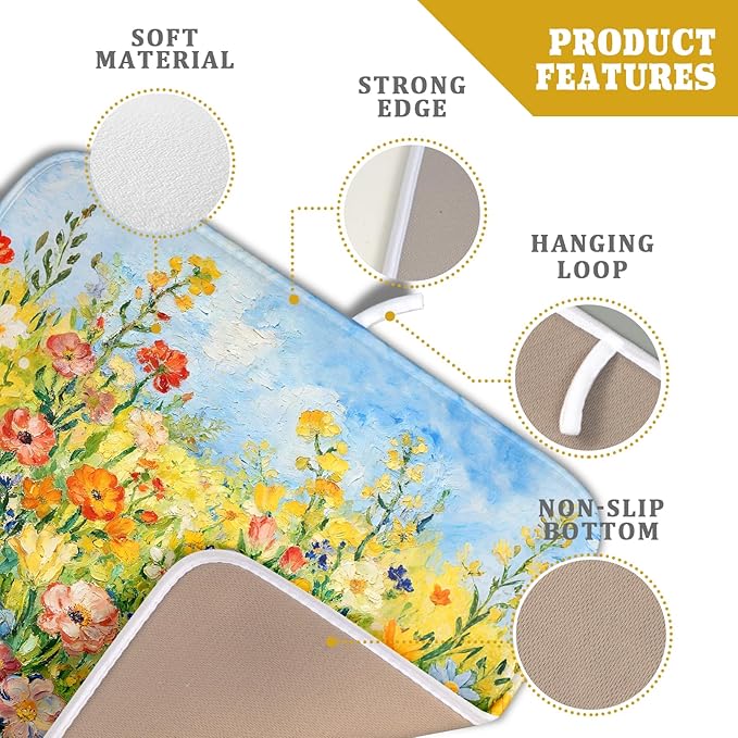Spring Summer Floral Dish Drying Mat for Kitchen Counter 16x18 Green Yellow Blue Flower Wildflower Print Absorbent Reversible Microfiber Drying Mats Kitchen Countertop Protector Dishes Drainer Pad