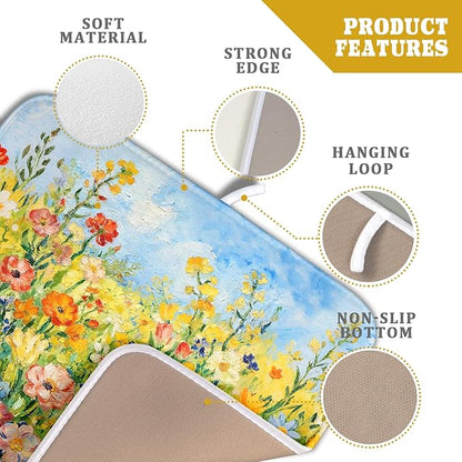 Spring Summer Floral Dish Drying Mat for Kitchen Counter 16x18 Green Yellow Blue Flower Wildflower Print Absorbent Reversible Microfiber Drying Mats Kitchen Countertop Protector Dishes Drainer Pad