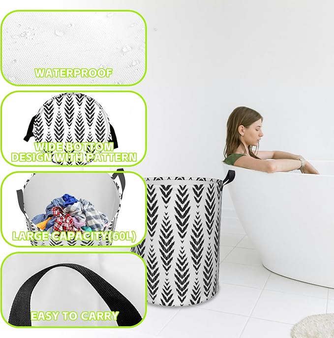 Laundry Basket Herringbone Pattern Laundry Hamper Large Laundry Basket Storage Basket Tote Bag Collapsible Organizer Basket for Bathroom,Laundry,Bedroom 17.3 x16.5 Inch