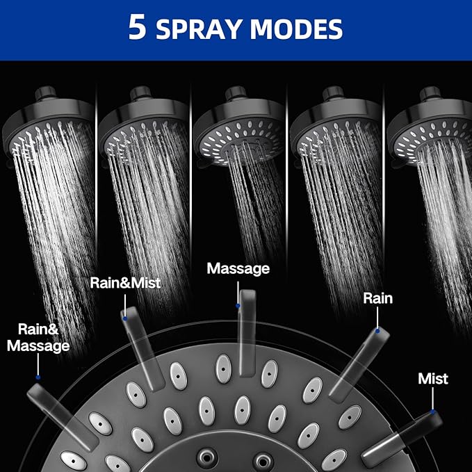 High Pressure Shower Head - Adjustable Bathroom Fixed Rain Showerhead with Swivel Brass Ball Joint, Self-cleaning Nozzles (5-Mode, 4 Inch Black)