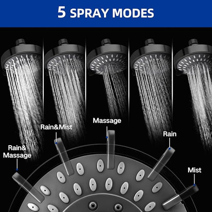 High Pressure Shower Head - Adjustable Bathroom Fixed Rain Showerhead with Swivel Brass Ball Joint, Self-cleaning Nozzles (5-Mode, 4 Inch Black)
