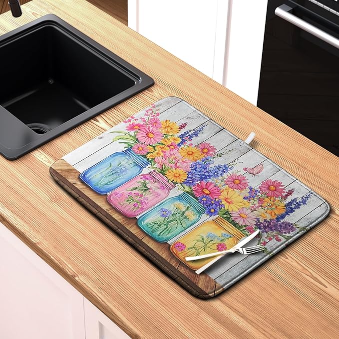 Daisy Dish Drying Mat for Kitchen Counter Spring Summer Flowers Vases Dishes Pad Microfiber Absorbent Dish Draining Mats Rustic Farmhouse Floral Wooden Board Dish Drainer Rack Mat 16x18 Inch