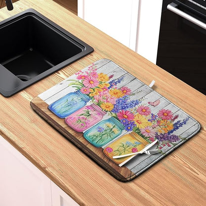 Daisy Dish Drying Mat for Kitchen Counter Spring Summer Flowers Vases Dishes Pad Microfiber Absorbent Dish Draining Mats Rustic Farmhouse Floral Wooden Board Dish Drainer Rack Mat 16x18 Inch