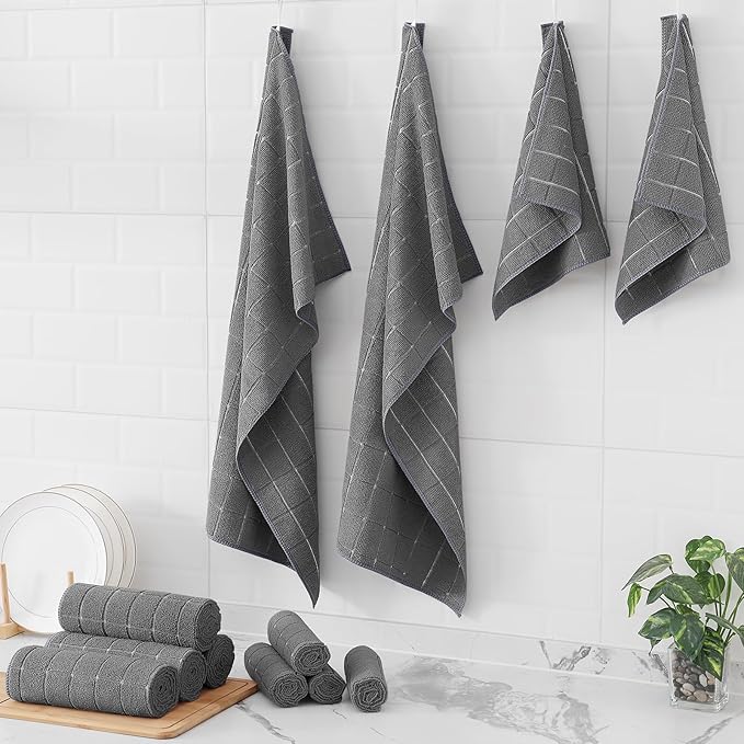 Homaxy Microfiber Kitchen Towels and Dishcloths Set, 20 Pack Soft and Absorbent Dish Hand Towels Bulk, 28 x 16 Inch & 12 x 12 Inch Quick Drying Rags for Washing Dishes, Grey