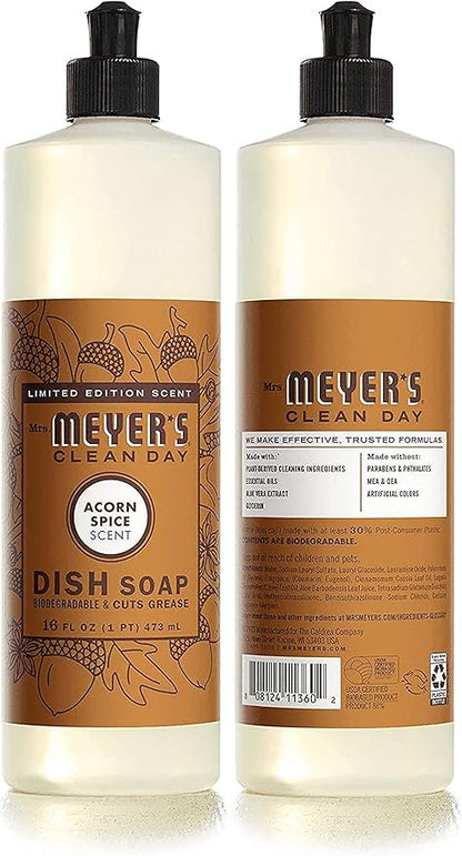 Mrs. MEYER'S Liquid Dish Soap, Acorn Spice Scent, 12 FL OZ Bottle (Pack of 2)
