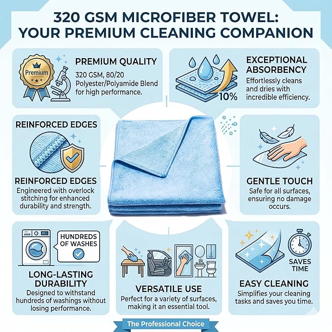 Poli Glow® 320 GSM Microfiber Towel – 16×16 in, 80/20 Polyester-Polyamide Blend, Overlock-Stitched Edges – Scratch-Free, Highly Absorbent Detailing Cloth for Auto, Marine & Home