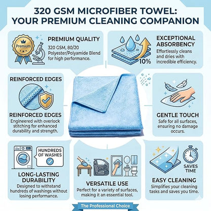 Poli Glow® 320 GSM Microfiber Towel – 16×16 in, 80/20 Polyester-Polyamide Blend, Overlock-Stitched Edges – Scratch-Free, Highly Absorbent Detailing Cloth for Auto, Marine & Home