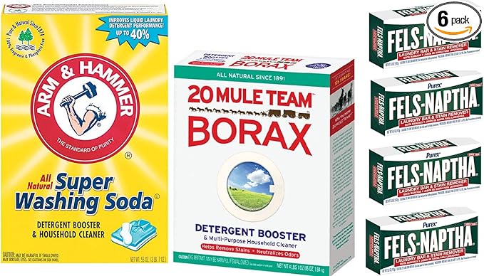 Laundry Soap Kit - Fels Naptha 4 bars, 20 Mule Team Borax Natural Laundry Booster, & Arm & Hammer Super Washing Soda