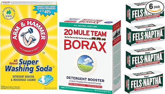 Laundry Soap Kit - Fels Naptha 4 bars, 20 Mule Team Borax Natural Laundry Booster, & Arm & Hammer Super Washing Soda