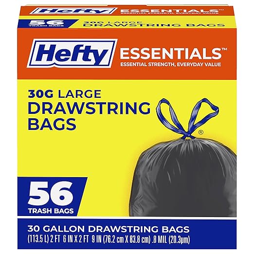 Hefty Essentials Drawstring 30 Gallon Trash Bags, 56 Count, Bulk Black Garbage Bags for Garages, Parties, Large Trash Items, and More, Scent Free, Black