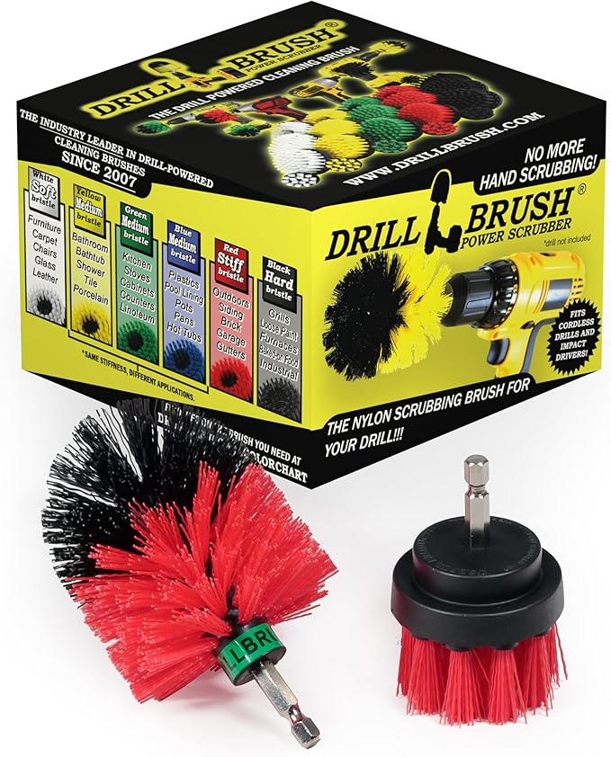 2 Piece Mini Size Red Stiff Bristle Rotary Cleaning Drillbrushes for Cleaning Siding, Brick, Stone, Fireplaces, Decks, Gutters, and More by Drillbrush