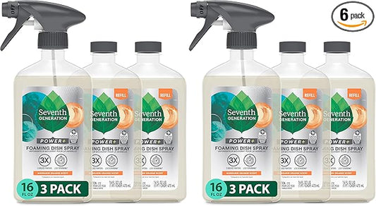 Seventh Generation Foaming Dish Spray,3 Refills and 1 Sprayhead,16 Fl Oz,(Pack of 6)