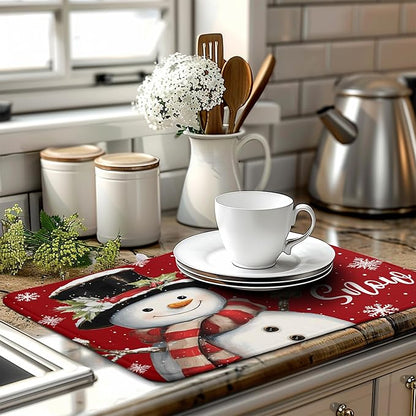 Snowman Christmas Dish Drying Mat Winter Drying Mats for Kitchen Counter Xmas Holiday Red Dish Draining Mat Microfiber Absorbent Reusable Dish Rack Pad 18x24 Inch