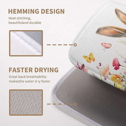 Spring Easter Dish Drying Mat for Kitchen Counter Easter Bunny Rabbit Eggs Flowers Dishes Drainer Mats 18x24 Microfiber Absorbent Large Dish Drying Pad for Kitchen Countertop Tableware Decor