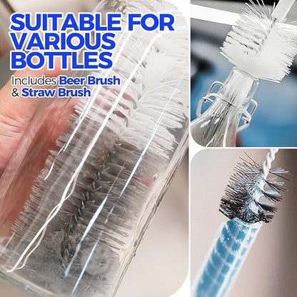Holikme 10 Pack Bottle Brush Cleaner Set, 15" Long Handle Bottle Cleaner Brush, Flexible Long Handle Water Bottle Brush for Narrow Neck Beer Wine, 8 Straws, Abrasive Spiral Brushes, White Grey
