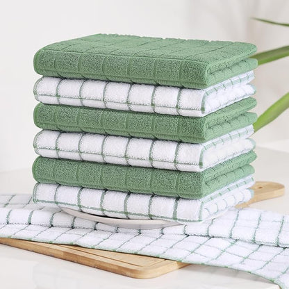 Homaxy Premium Cotton Kitchen Towels 16"x 28", Large Natural Ring Spun 390 GSM Dish Towels, Super Absorbent Terry Kitchen Hand Towels, Soft Tea Towels with Hanging Loop, Grass Green Check, 8 Pack