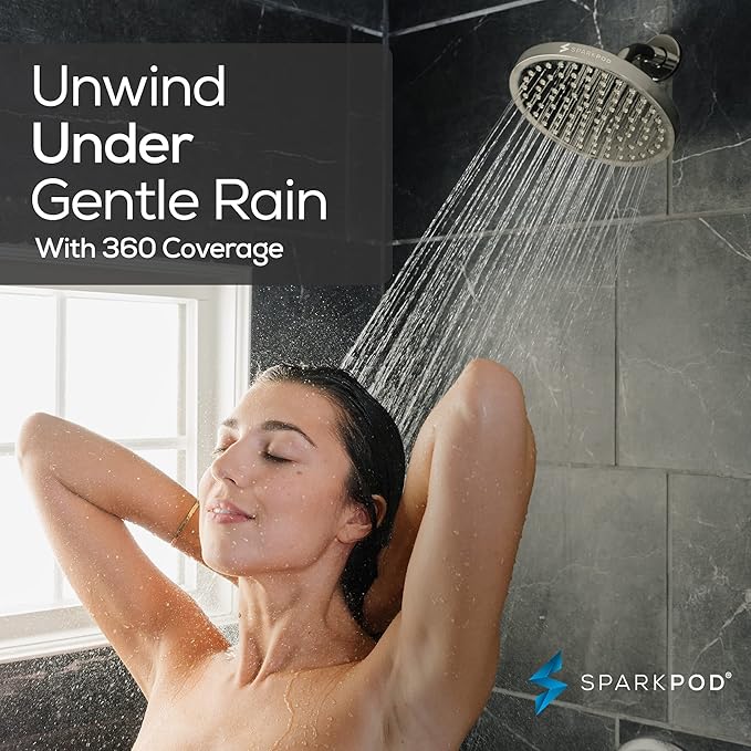SparkPod Shower Head - High Pressure Rain - Premium Quality Luxury Design - Easy Clean Adjustable Replacement for Your Bathroom Shower Heads (Elegant Brushed Nickel, 8 Inch Round)