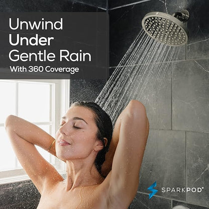SparkPod Shower Head - High Pressure Rain - Premium Quality Luxury Design - Easy Clean Adjustable Replacement for Your Bathroom Shower Heads (Elegant Brushed Nickel, 8 Inch Round)
