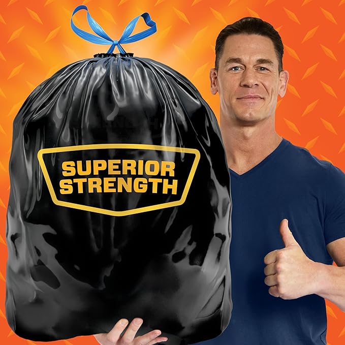 Hefty Strong 30 Gallon Trash Bags, Large Trash Bags 30 Gallon Size, Durable Drawstring Enclosure, Resists Punctures, Leaks, and Tears, Black, Unscented, 56 Bags