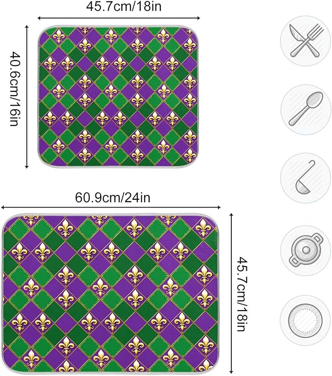Happy Mardi Gras Purple Green Dish Drying Mat for Kitchen Countertop 16x18 Fleur de Lis Buffalo Plaid Small Drying Mat Reusable Quick Dry Dish Sink Mats Easy Clean Decorative Essentials