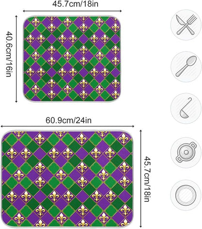 Happy Mardi Gras Purple Green Dish Drying Mat for Kitchen Countertop 16x18 Fleur de Lis Buffalo Plaid Small Drying Mat Reusable Quick Dry Dish Sink Mats Easy Clean Decorative Essentials