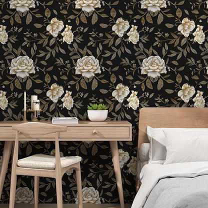 Floral Wallpaper Peel and Stick, Black/Golden/White Peony Flowers Contact Paper, Botanical Wall Paper Self Adhesive Waterproof Removable for Room Shelves Cabinet Drawer Table Decor 17.5" x 118"