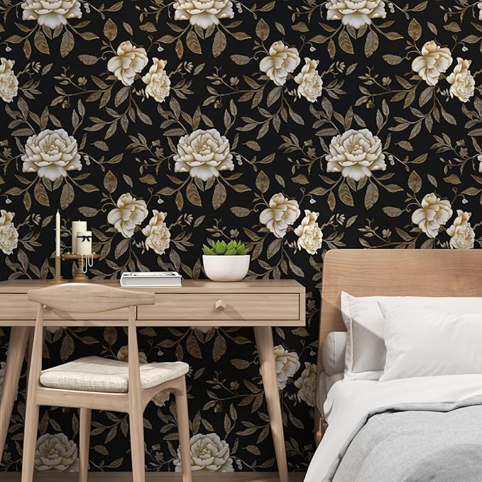 Laatse Floral Wallpaper Peel and Stick, Golden/White Flowers Contact Paper 17.5" x 393.7", Black Botanical Wall Paper Self Adhesive Waterproof Removable for Room Shelves Cabinet Drawer Table Decor