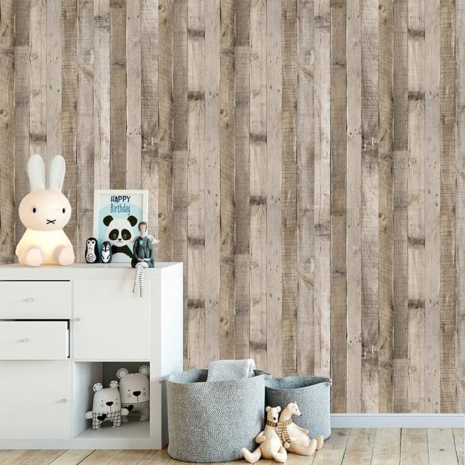 Yun-aeon 17.3"x 1200"Natural Wood-Grey Wood Contact Paper Peel and Stick Wallpaper Self Adhesive Removable Vintage Faux Wood Wall Paper Plank Shelf Home Decoration Kitchen Counter Cover Use