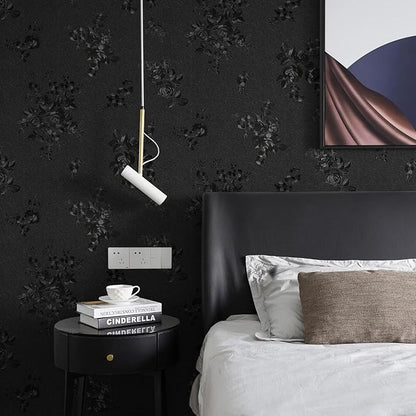 Black Peel and Stick Wallpaper Silk Embossed Floral Contact Paper for Cabinets Drawer Furniture Textured Flower Removable Wallpaper for Kitchen Bathroom Waterproof Thicken Vinyl 393inL 17.7inW