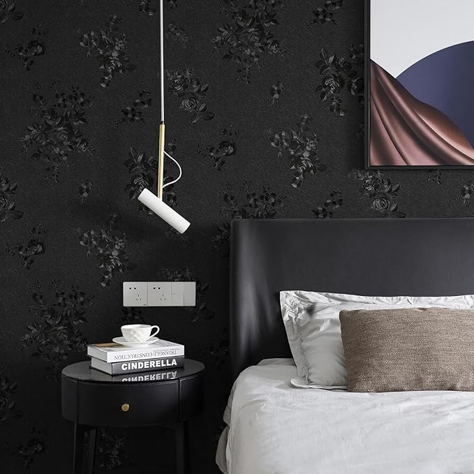 Black Peel and Stick Wallpaper Silk Embossed Floral Contact Paper for Cabinets Drawers Countertops Textured Flower Removable Wallpaper for Kitchen Bathroom Waterproof Thicken 197inL 17.7inW