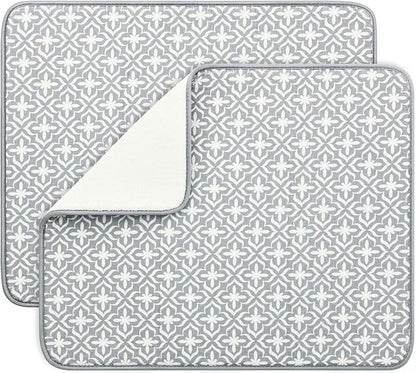 SUBEKYU Dish Drying Mats for Kitchen Counter, Microfiber Absorbent Dish Drainer/Rack Pads for Sink, 19.5*15.8 inch, Set of 2, Grey, leaf