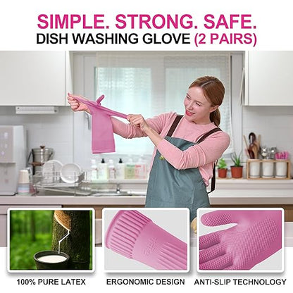 Mamison 2 Pairs Reusable Waterproof Household Dishwashing Cleaning Rubber Gloves, Non-Slip Kitchen Glove (Pink, XL (Pack of 2))