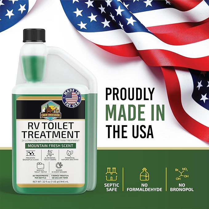 Cabin Obsession RV Toilet Treatment (32 oz) - 2x Ultra Concentrated Liquid RV Black Tank Treatment with Easy Measure Spout, Mountain Fresh Scent, 32 Treatments