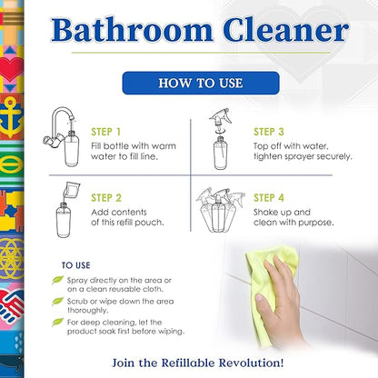 Truly Free All Natural Non-Toxic Bathroom Cleaner Spray, Organic Bath & Tile Cleaning Solution for Toilet, Sink, Tub & Shower, Refillable 2-Pack with 16oz Bottle + 2 Refill Pouches
