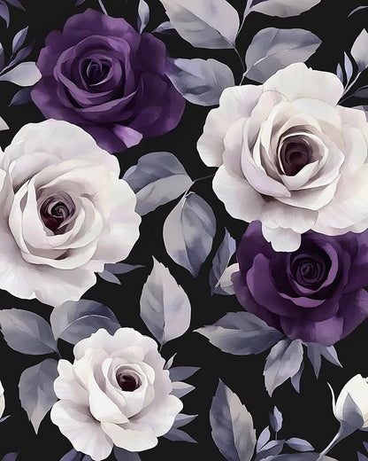 Black Foral Wallpaper Peel and Stick Dark Purple and White Rose Contact Paper, Vintage Self-Adhesive Removable Flower Wall Paper for Bedroom Countertop Desk Cabinets Decor 17.4" x 118" Renter Friendly