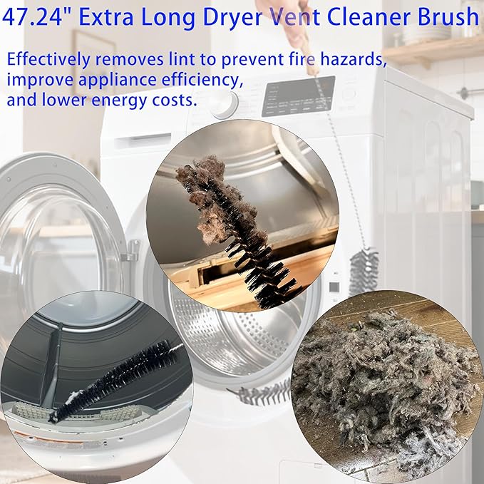 47.24" Extra Long Dryer Vent Cleaner Brush – Flexible Dryer Lint Brush for Deep Cleaning of Lint Trap, Refrigerator Coils, Dust, and Pet Hair – for Fire Risk Reduction & Better Efficiency