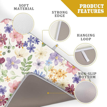 Spring Floral Dish Drying Mat for Kitchen Counter 18x24 Easter Green Pink Purple Blue Cute Flower Print Absorbent Reversible Microfiber Drying Mats Kitchen Countertop Protector Dishes Drainer Pad