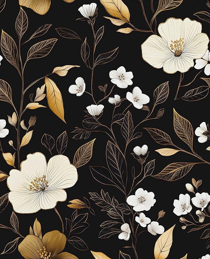Fvlow Dark Floral Wallpaper Peel and Stick 17.4" x 394", Vintage Golden Contact Paper Waterproof Moody Self Adhesive Covering for Bedroom Cabinet Bathroom, Retro Flower Pattern Design Wall Decor Black