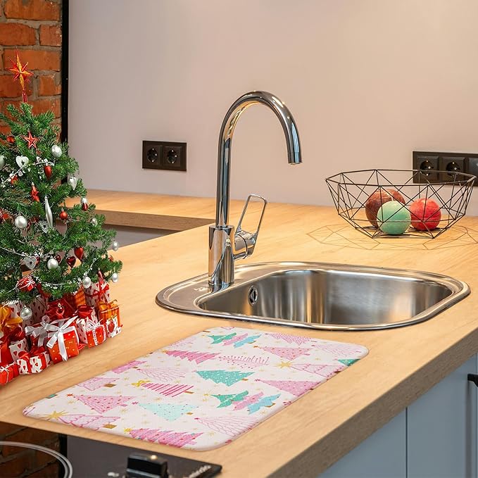 Christmas Dish Drying Mat, Ultra Absorbent Microfiber Dish Drainer Mat Christmas Tree Drying Mats for Kitchen Counter, Coffee Maker, Tableware Decor, 18 x 24 Inch