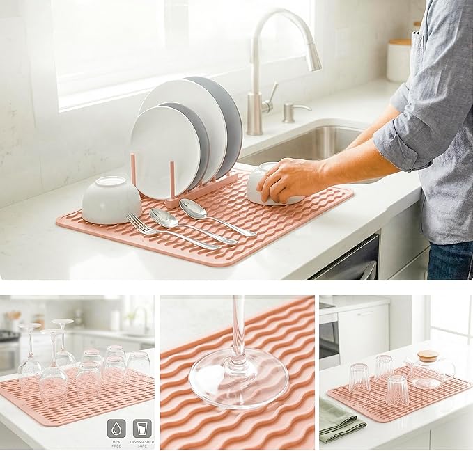 MicoYang Silicone Dish Drying Mat for Multiple Usage,Easy clean,Eco-friendly,Heat-resistant Silicone Mat for Kitchen Counter or Sink,Refrigerator or drawer liner Pink L 16 inches x 12 inches
