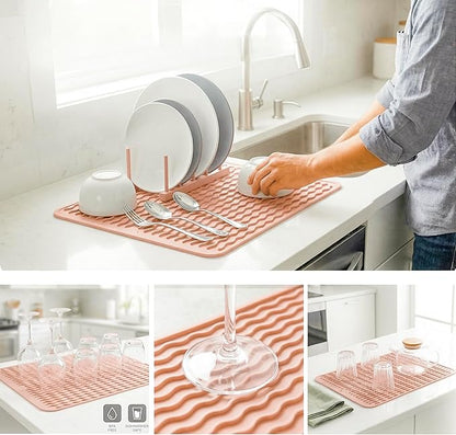 MicoYang Silicone Dish Drying Mat for Multiple Usage,Easy clean,Eco-friendly,Heat-resistant Silicone Mat for Kitchen Counter or Sink,Refrigerator or drawer liner Pink L 16 inches x 12 inches