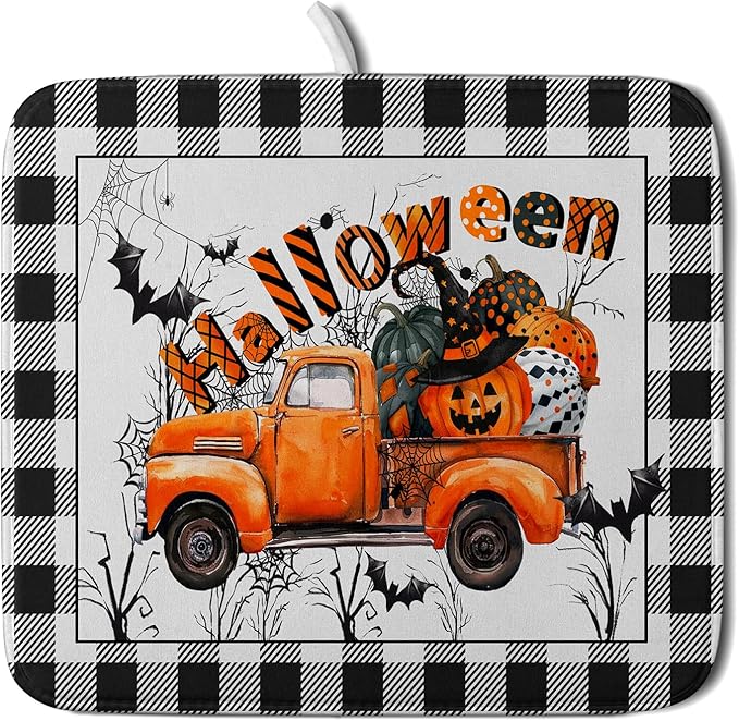 Holiday Truck Dish Drying Mat - Orange Holiday Absorbent Microfiber Dish Drying Pad for Kitchen Counter