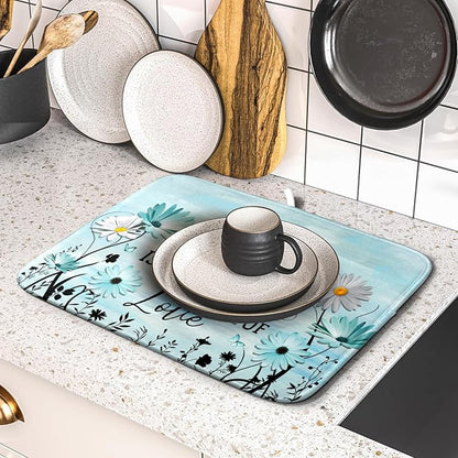 Blue Daisy Dish Drying Mat 16x18 Inch Love Kitchen Absorbent Microfiber Washable Fast Drying Pad Dishes Rack Mat for Kitchen Counter