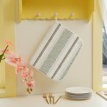Boho Dish Drying Mat 18x24 Inches For Kitchen Counter Absorbent Modern Abstract Green Brown Stripes Polka Dot Kitchen Drying Mat Pad For Home Kitchen,Dining Room,Office Decoration